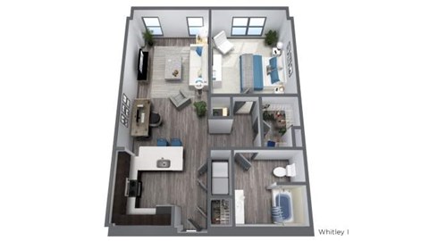 Floor plan for 1 bed, 1 bath, 858 sqft